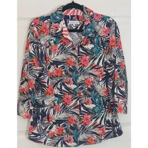 Perlavera Button Up Tropical Floral Cindy Cotton Shirt Size L